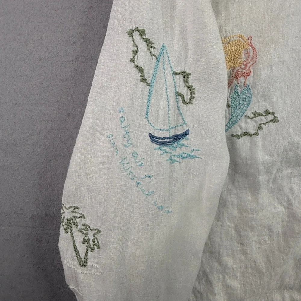 Spartina 449 Shirt Womens XL White Linen Embroidered Mermaid Coastal Button Up - Picture 4 of 14
